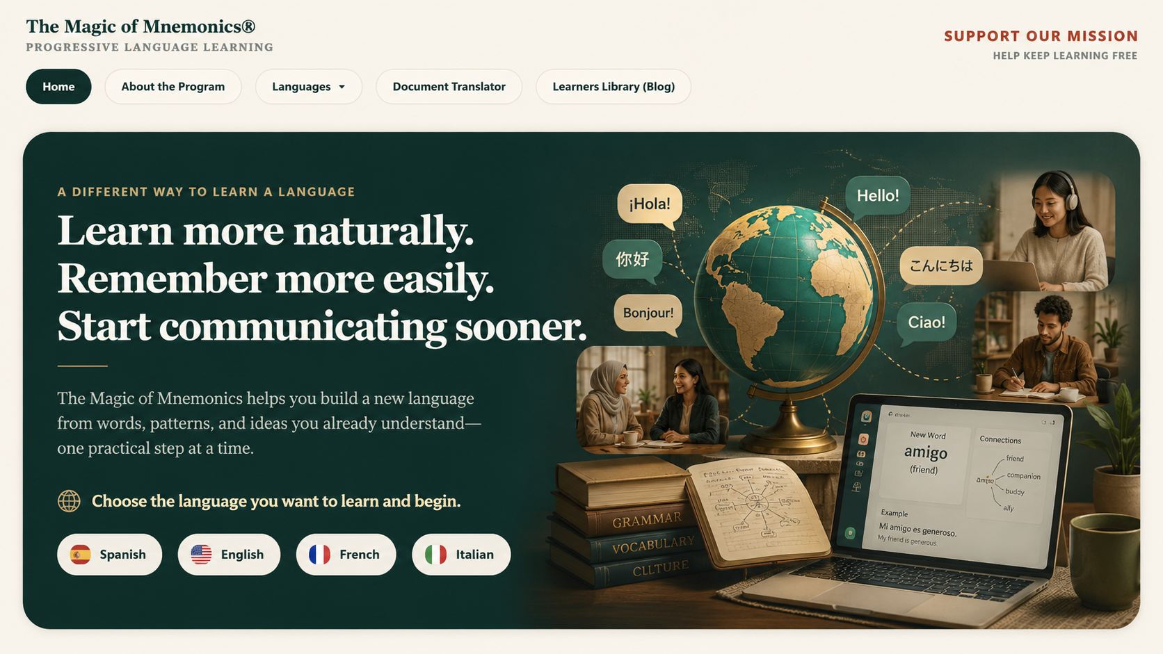 The Magic of Mnemonics homepage showing people around the world learning and connecting through language.