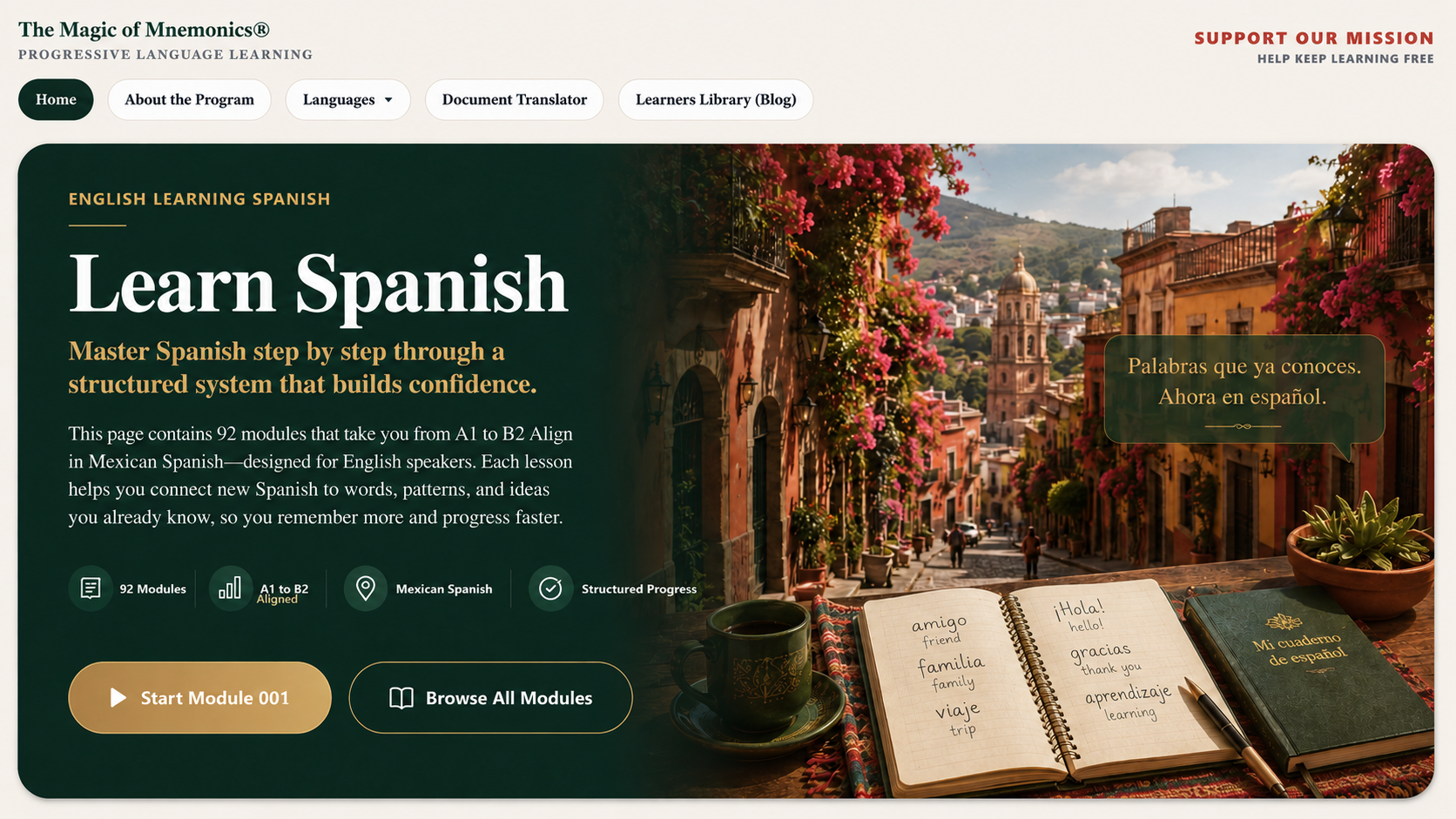 Learn Spanish through 92 structured Mexican Spanish modules for English speakers.